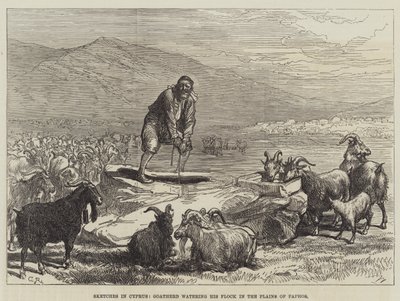 Croquis à Chypre, berger abreuvant son troupeau dans les plaines de Paphos - Sir John Charles Robinson